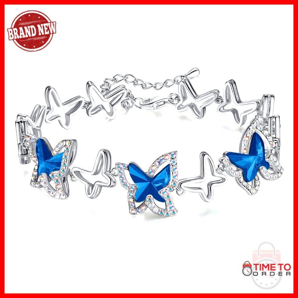 Butterfly Link Charm Bracelet with Birthstone Crystal, Silver Tone, 7+2 Inch